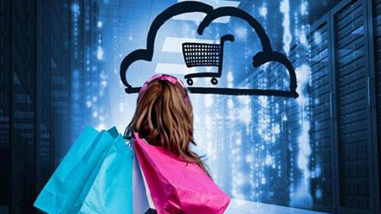 shopper looking at cloud shopping cart logo