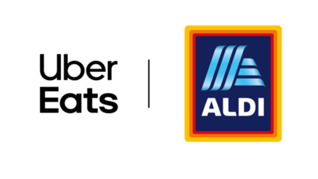 Aldi and Uber Eats logos