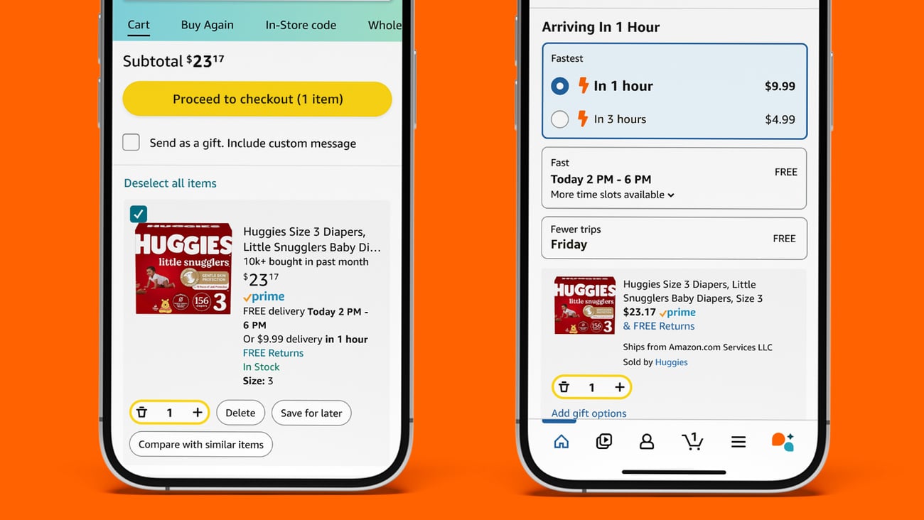 Amazon one-hour and three-hour delivery.