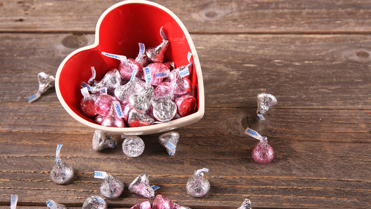 Issaquah, WA-USA, January 28th, 2018 : Red heart shaped bowl with hershey's kisses for Mom on Mother's Day. Issaquah-Washington State.; Shutterstock ID 1200790588