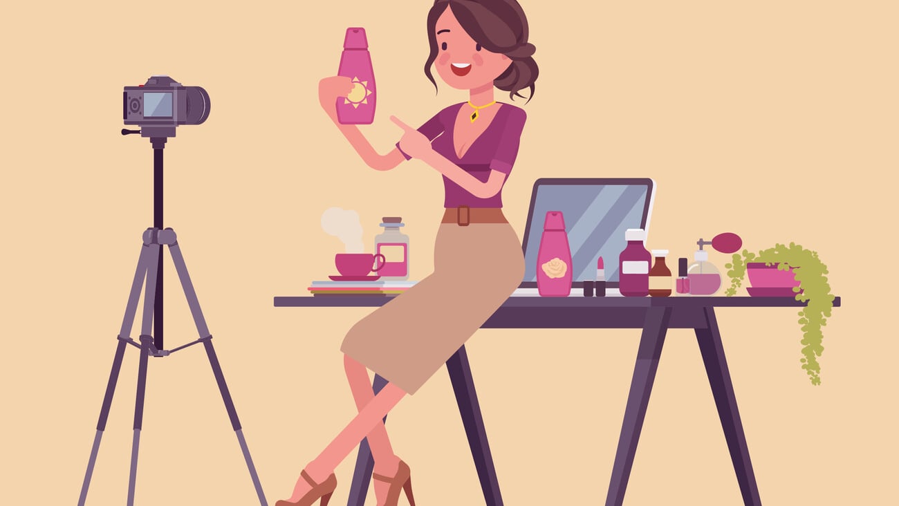 Beauty blogger streaming. Woman reviewing cosmetics content for personal blog, website, talking about hair, makeup, skincare, fashion, posting marketing videos. Vector flat style cartoon illustration; Shutterstock ID 1531422785