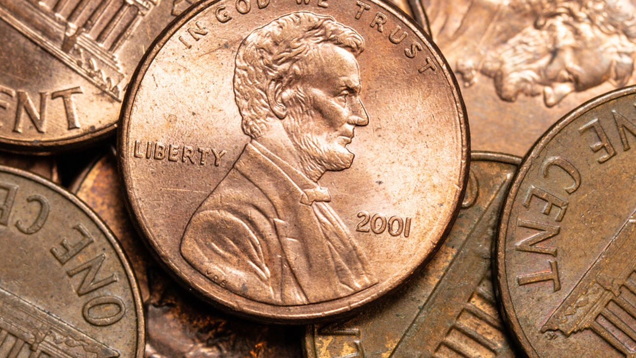 Close up of a pile of pennies; Shutterstock ID 1747645790