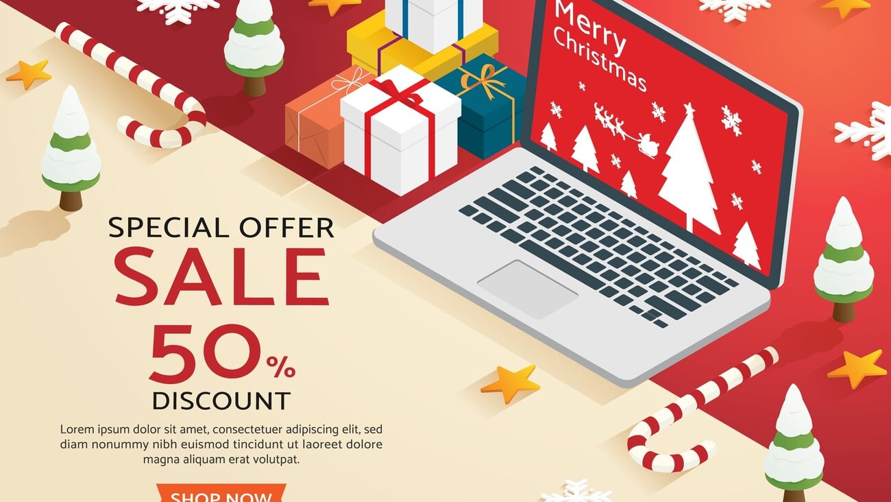 Christmas shopping online on laptop decorate with christmas tree gift box star. Christmas sales and offers on web banners. isometric vector illustration.; Shutterstock ID 2037336611