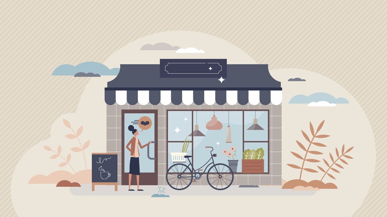 Small business and local store with boutique storefront tiny person concept. Open grocery or cafe place with happy customer vector illustration. Shop front exterior view with family restaurant owner.; Shutterstock ID 2127488390