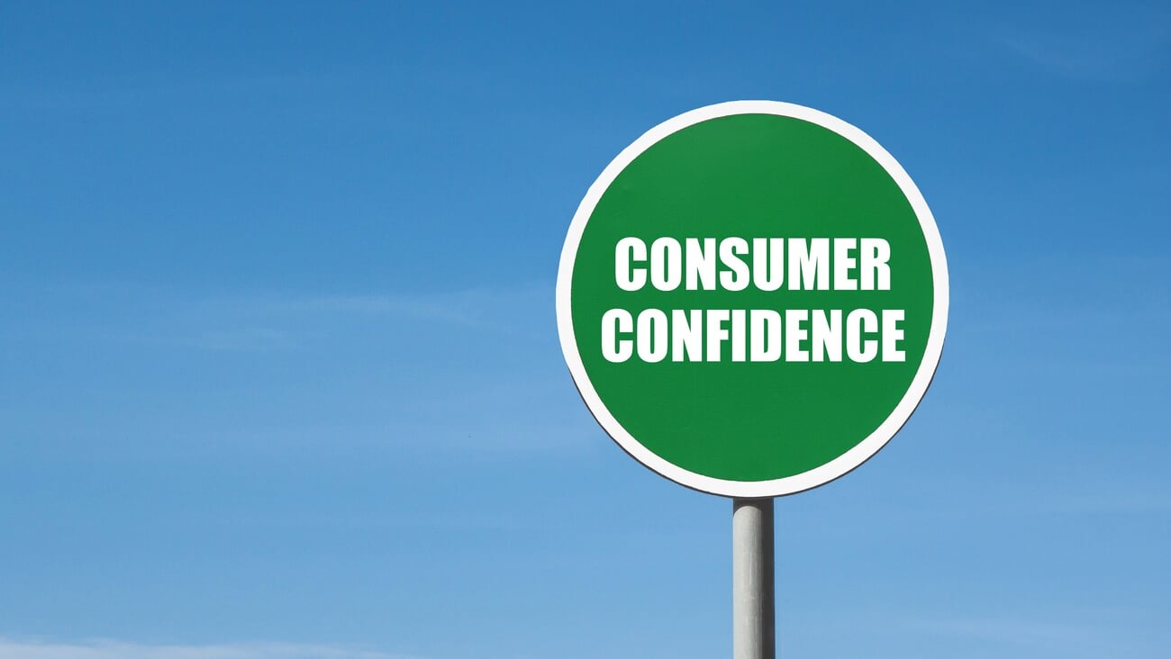 'Consumer confidence' sign in green frame. Blue sky is on background; Shutterstock ID 2142918545