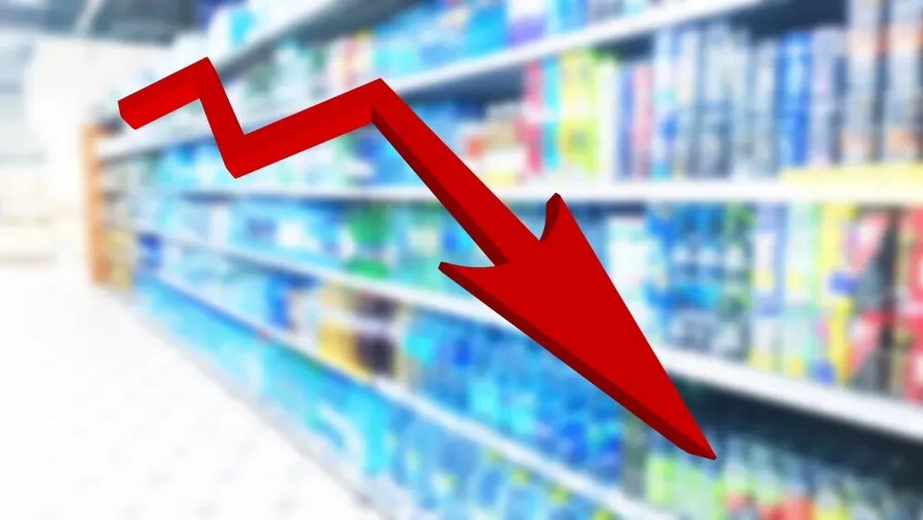 Red sign of arrow down on abstract blur supermarket background. Bar charts and graph. Rising food price. Inflation concept. Retail industry. Grocery chain. Market. Shopping. Sales declining. Recession; Shutterstock ID 2183956663