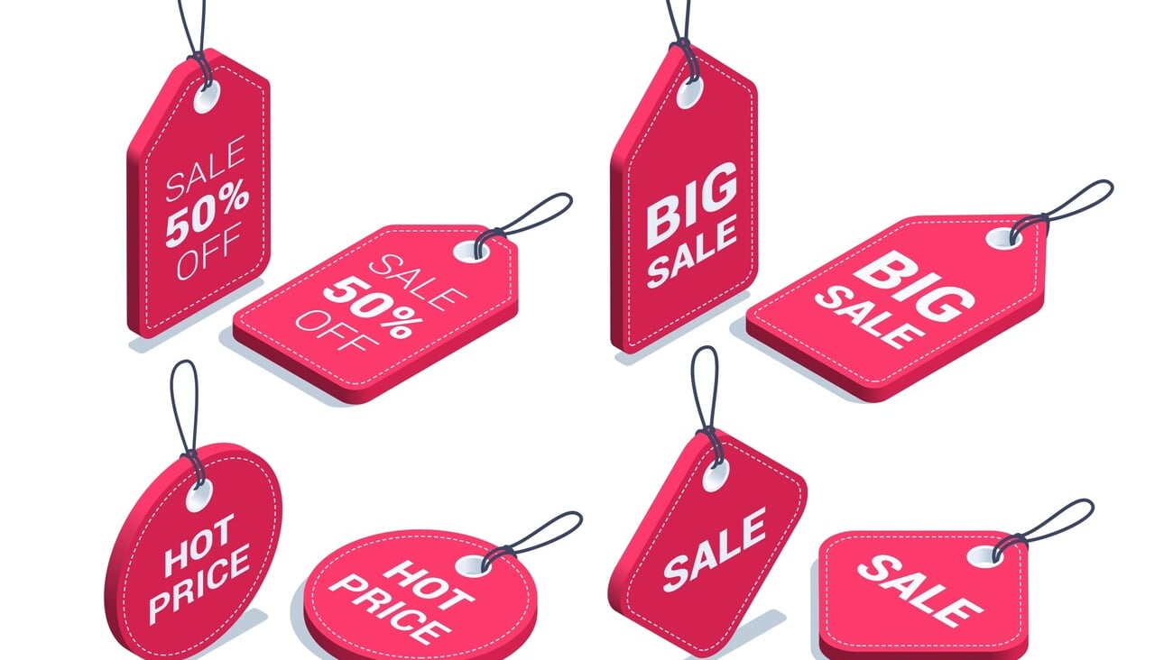 isometric vector illustration isolated on white background, set of red color price tags with drawstring, big sale or hot price; Shutterstock ID 2191925005