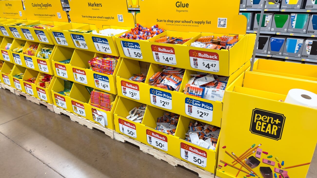 Los Angeles, CA - July 17, 2023: Back to School essentials for sale inside local Walmart store. Glue, markers, coloring supplies and pen bins.; Shutterstock ID 2336330565