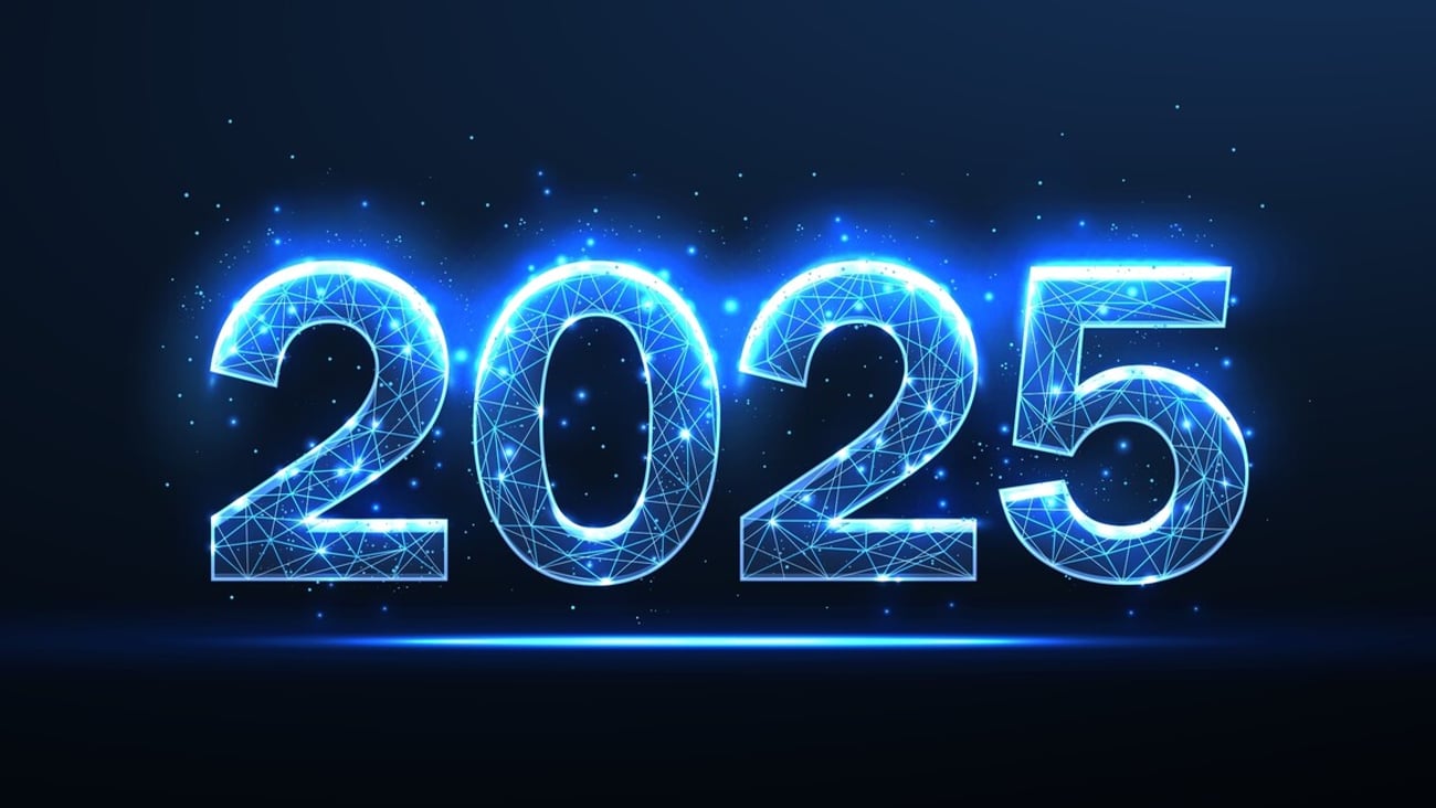 Digital numbers 2025. New year blue background. Low poly style. Web banner template. Calendar season 2025. Abstract wireframe vector illustration. Happy new year celebration. Digital transformation; Shutterstock ID 2432155521