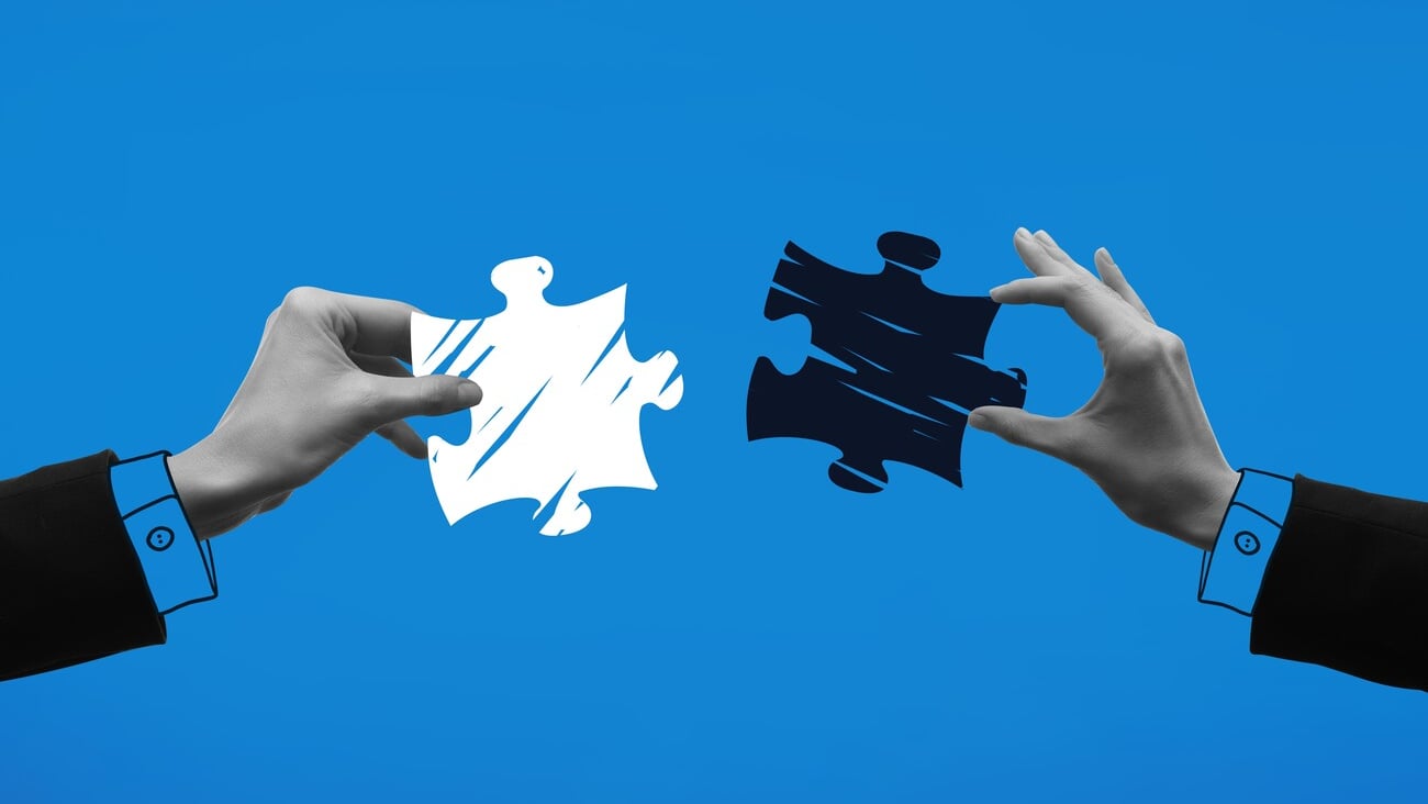 Contemporary art collage. Hands holding puzzle pieces and trying to connect it against blue background. Concept of business, acquisition, retention, merger, partnership, office,; Shutterstock ID 2477572169