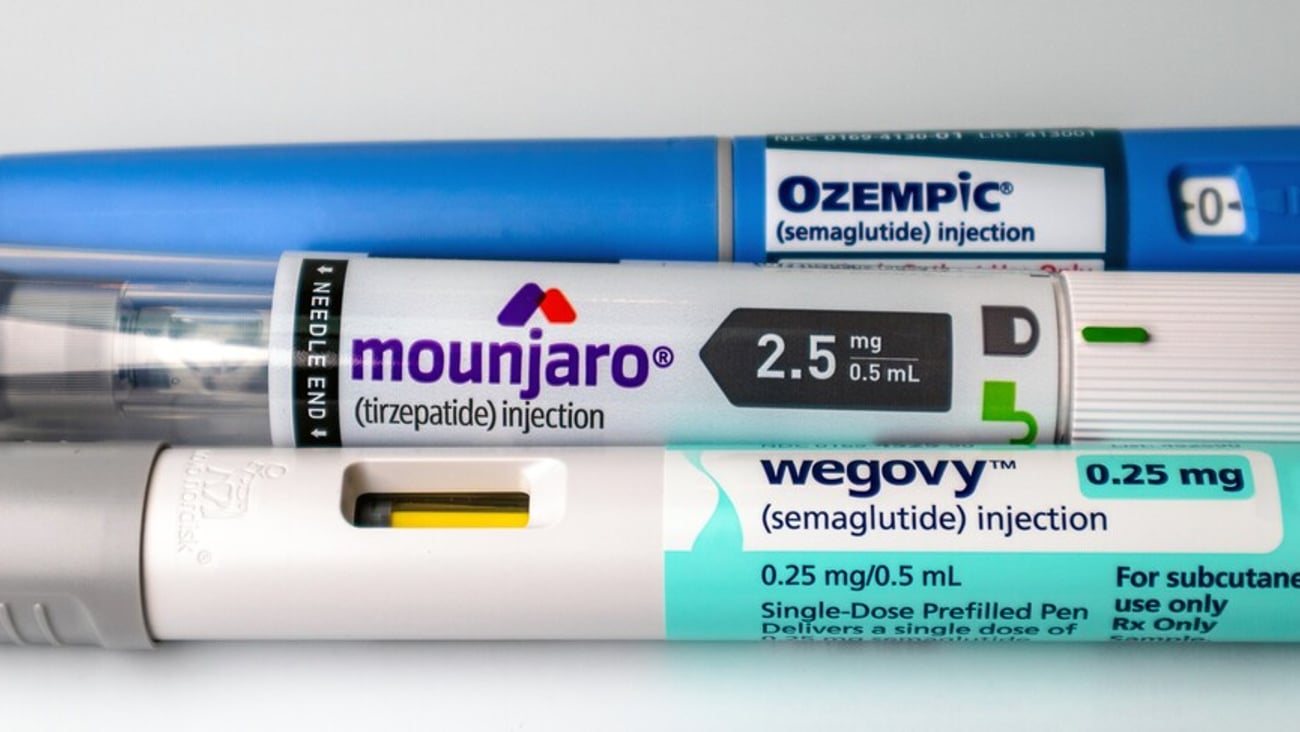 Valparaiso, IN USA - January 15, 2025: Mounjaro, Ozempic and Wegovy pens on white background ; Shutterstock ID 2572052713