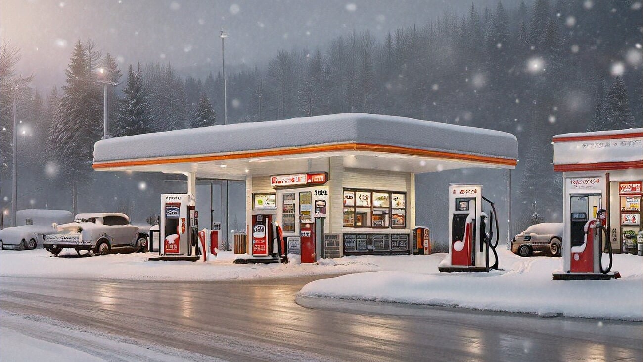 a convenience store with gas station surrounded by snow for a wintery image; Shutterstock ID 2574691541