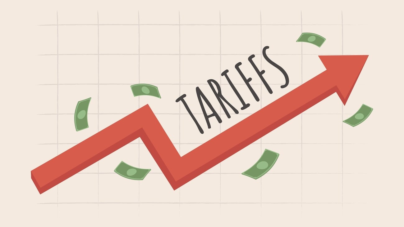 Tariffs increasing. Price going up. Red arrow pointing up with flying banknotes and text. Economy vector illustration.; Shutterstock ID 2580644471