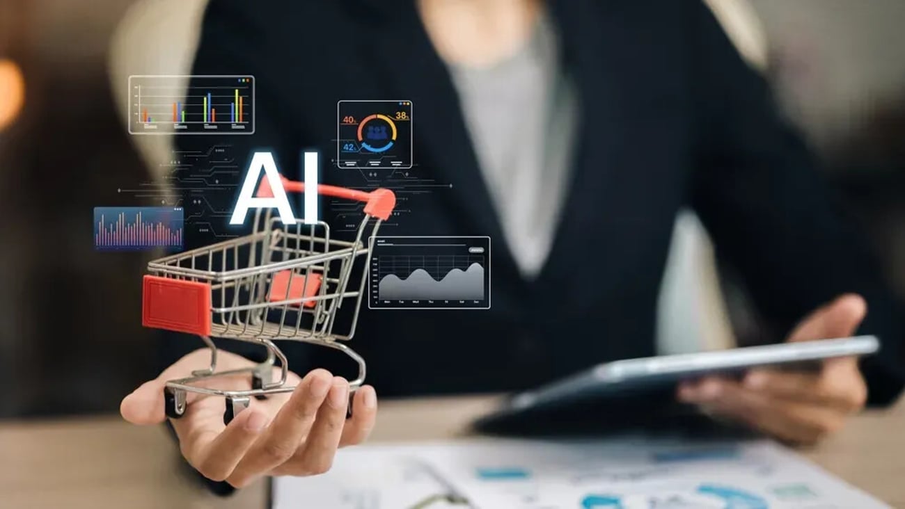 Artificial intelligence shopping cart with cutting-edge analytics dashboard covering e-commerce, online retail, digital marketing, automation and future business technology solutions.; Shutterstock ID 2676263505