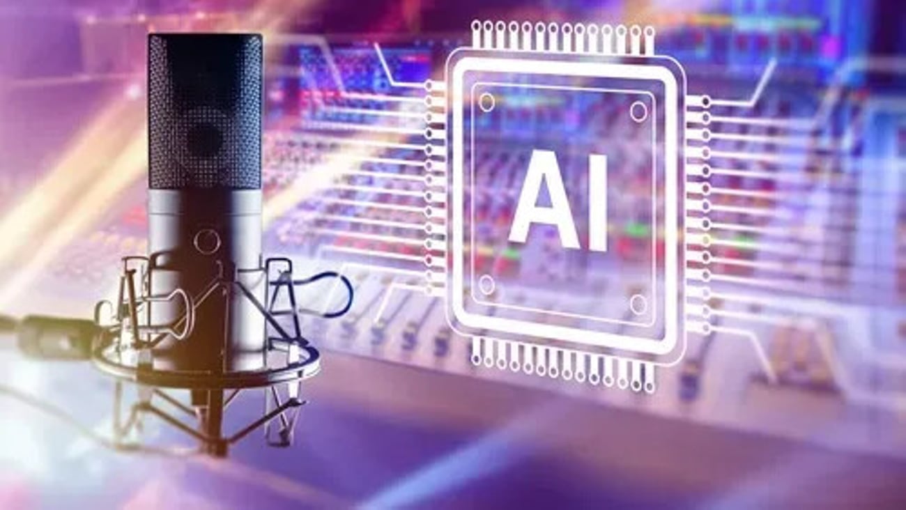 Audio production. AI voice generation transforms speech into digital content using studio microphone, artificial intelligence and sound processing technology.; Shutterstock ID 2841028957