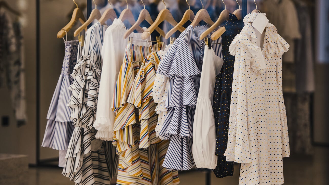 Fashionable clothes in a boutique store in London.; Shutterstock ID 589577570