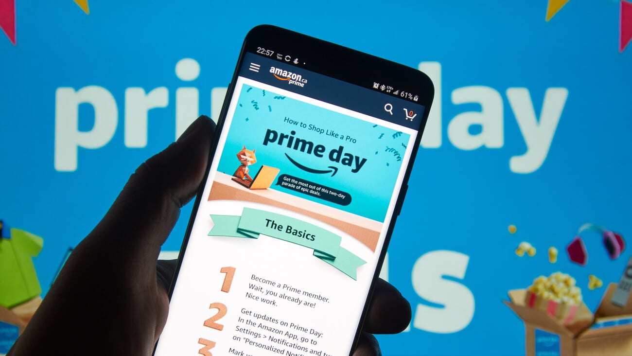 MONTREAL, CANADA - JULY 11, 2019 : Amazon prime day instruction on how to shop like a pro on a cell phone. Amazon Prime Day is the retailers big members-only summer sale in month of July each year; Shutterstock ID 1450023299
