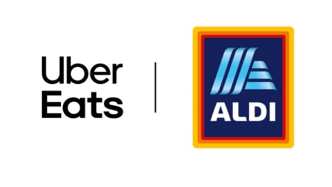 Aldi and Uber Eats logos
