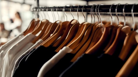 Close up of clothes rack or rail in the store. Items at custom T-shirt, clothing printing company. Horizontal shot; Shutterstock ID 1727723350