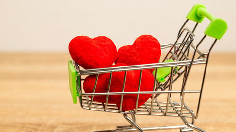 Red hearts in the supermarket cart. It’s full with love and full fill sweet moment for couple is love each other. Next step is wedding and live forever.; Shutterstock ID 2046745304