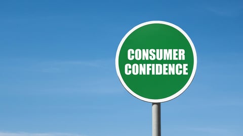 'Consumer confidence' sign in green frame. Blue sky is on background; Shutterstock ID 2142918545