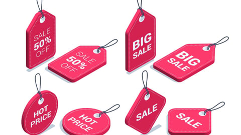 isometric vector illustration isolated on white background, set of red color price tags with drawstring, big sale or hot price; Shutterstock ID 2191925005