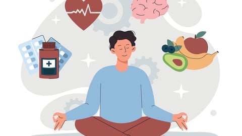 Healthy lifestyle concept. Man sits in lotus position surrounded by icons of medicines, diet. Health care, active lifestyle and sport. Poster or banner for website. Cartoon flat vector illustration; Shutterstock ID 2196417657