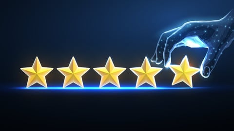 Digital review. 5 stars with digital hand. Best star rating, positive feedback, five stars servise, service quality, customer satisfaction, good experience, ai manage, survey concept; Shutterstock ID 2304923655