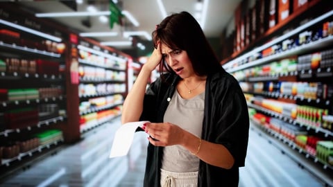 Customer At Grocery Store Or Supermarket With Receipt. Cost Inflation Shock; Shutterstock ID 2513871419