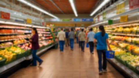 A well-stocked grocery store with shoppers browsing through the produce section. A busy, everyday scene in a supermarket, ideal for retail, food, and lifestyle themes; Shutterstock ID 2520113171