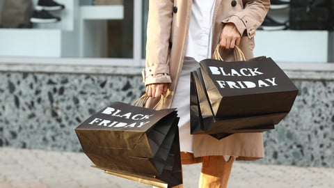 Beautiful young woman with shopping bags on city street, closeup. Black Friday sale; Shutterstock ID 2527885251