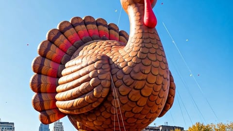 gigantic turkey bird balloon, vibrant colors, hyper-realistic, polished details, Macy's Thanksgiving Day Parade, floating in the air, dramatic morning lighting, wide-angle lens, floor-level perspective, professional camera setup, perfect exposure, low; Shutterstock ID 2528223377