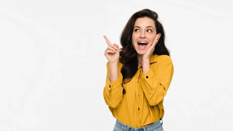 Photo of young funky excited positive woman girl sales manager wear casual clothes finger pointing up empty space for advertisement isolated on white color background; Shutterstock ID 2574735733