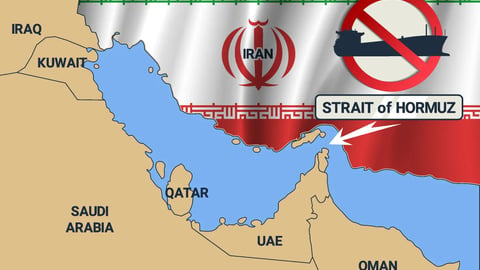 Vector graphic map of Western Asia. Strait of Hormuz and prohibitory sign. Ban on movement of oil tankers. Iranian ban. Islamic Republic of Iran