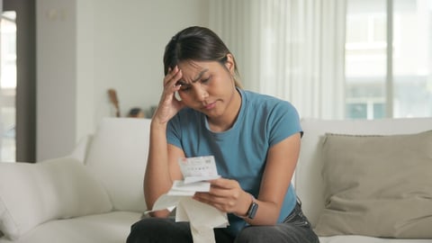 Cost of living low poor budget income black asia people Gen Z young adult woman. Looking opening Past due credit card bill debt home loan money issue asian worry tired stress in raise tax rate crisis.; Shutterstock ID 2650355361