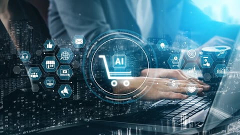 AI transforms ecommerce by enabling smart product recommendations, AI automated shopping decisions, and AI-powered ecommerce analytics to optimize customer experience and AI ecommerce success. Spline; Shutterstock ID 2664049613