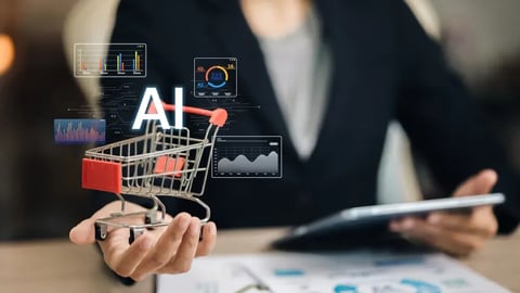 Artificial intelligence shopping cart with cutting-edge analytics dashboard covering e-commerce, online retail, digital marketing, automation and future business technology solutions.; Shutterstock ID 2676263505