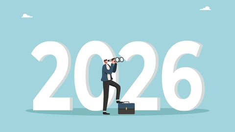 Leadership in setting plan or course for business development in 2026, motivation in achieving goals, determination for great success or heights, man looking through binoculars and stands near 2026.