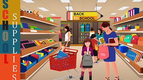 A vector illustration of kids with their parents buying school supplies in a store; Shutterstock ID 304554152