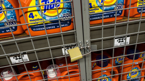 New York NY USA-July 5, 2023 Packages of Procter  Gamble's Tide detergent are locked up to deter shoplifters in a store in New York; Shutterstock ID 2327892321