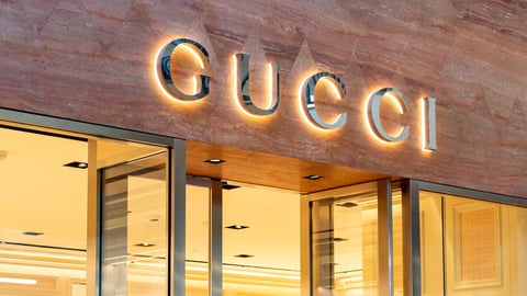 Honolulu, HI,  USA - January 14, 2024: Close-up of Gucci logo sign at their store in a shopping mall. Gucci is an Italian luxury fashion house.; Shutterstock ID 2424408561