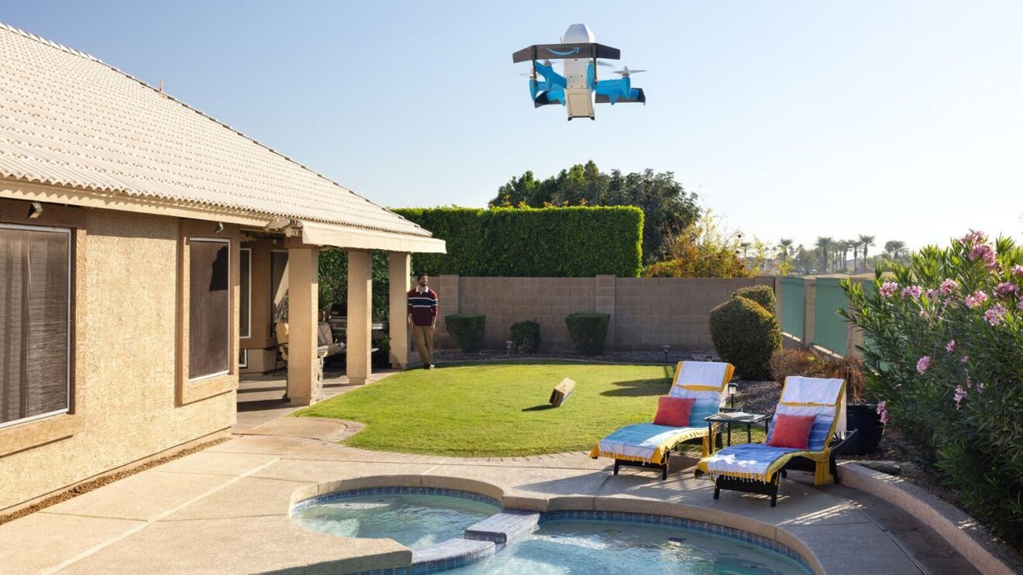 Amazon drone over pool.
