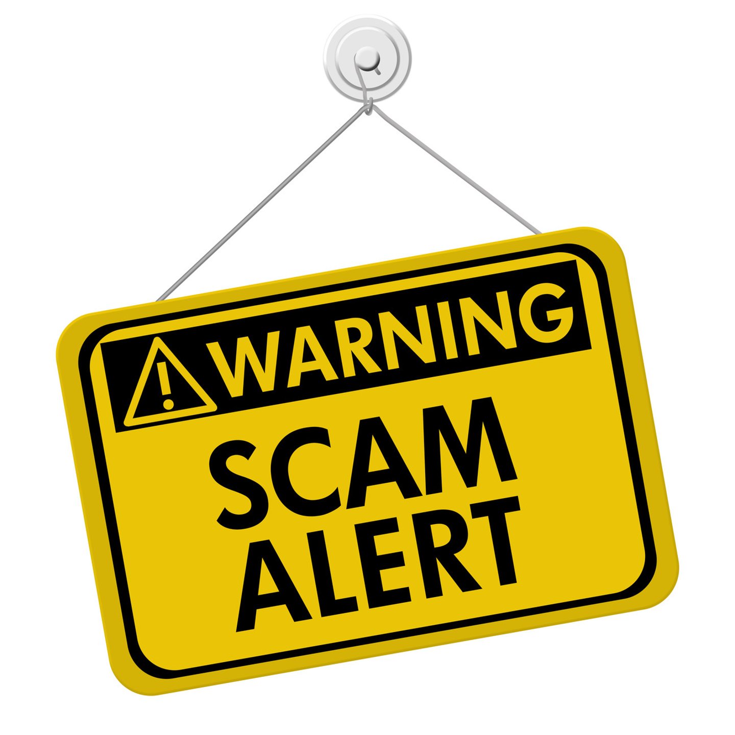 A yellow and black sign with the words Scam Alert isolated on a white background, Warning of Scam Alert; Shutterstock ID 155271245