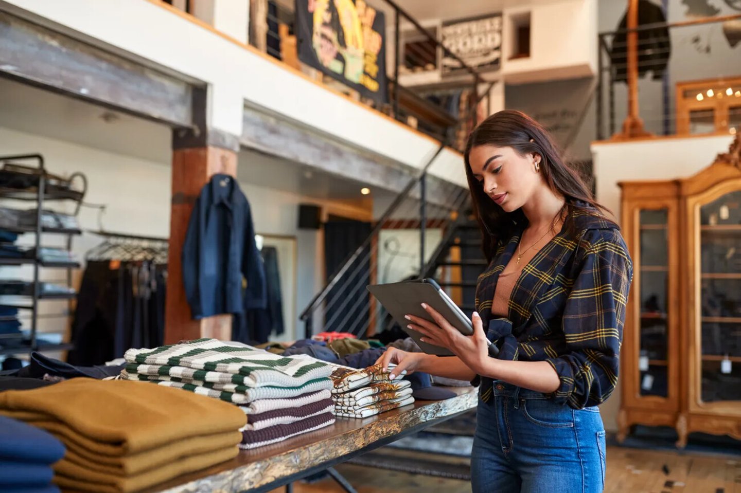 Female Owner Of Fashion Store Using Digital Tablet To Check Stock In Clothing Store; Shutterstock ID 1743868736