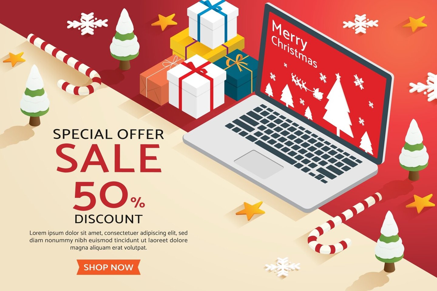 Christmas shopping online on laptop decorate with christmas tree gift box star. Christmas sales and offers on web banners. isometric vector illustration.; Shutterstock ID 2037336611
