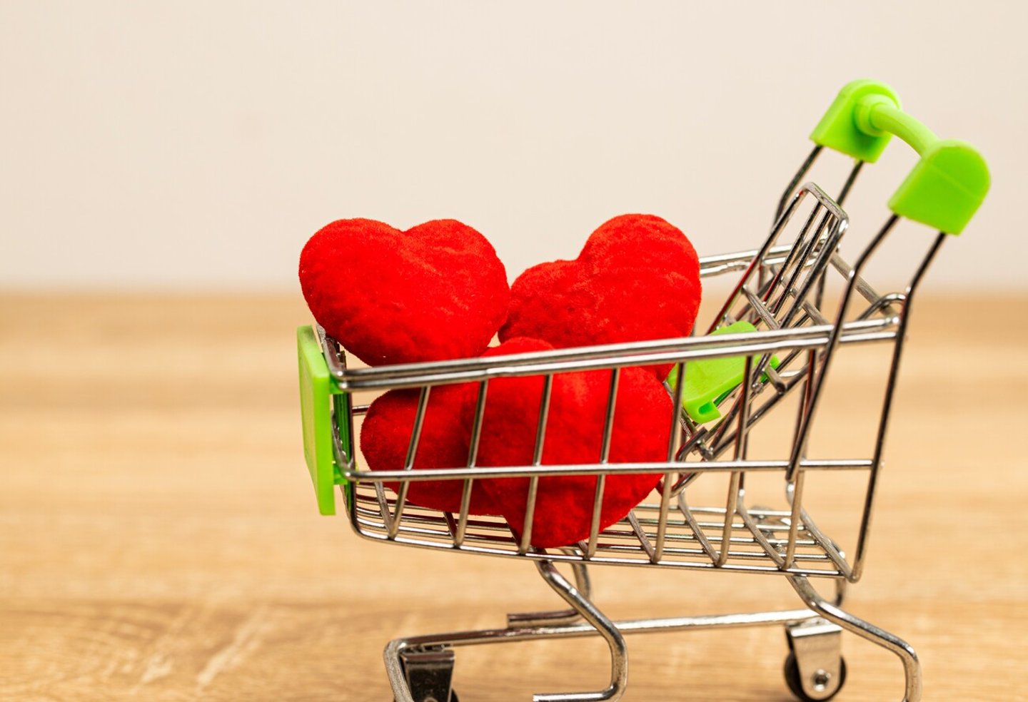 Red hearts in the supermarket cart. It’s full with love and full fill sweet moment for couple is love each other. Next step is wedding and live forever.; Shutterstock ID 2046745304