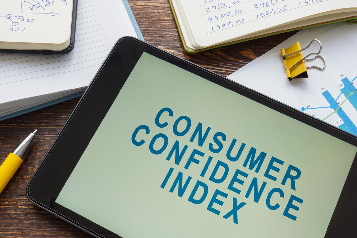 Laptop with Consumer confidence index on the screen.; Shutterstock ID 2137696491