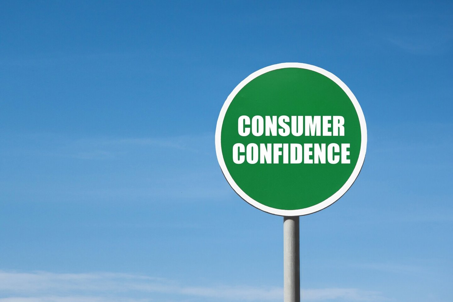 'Consumer confidence' sign in green frame. Blue sky is on background; Shutterstock ID 2142918545