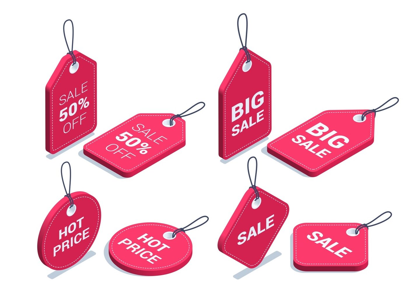 isometric vector illustration isolated on white background, set of red color price tags with drawstring, big sale or hot price; Shutterstock ID 2191925005