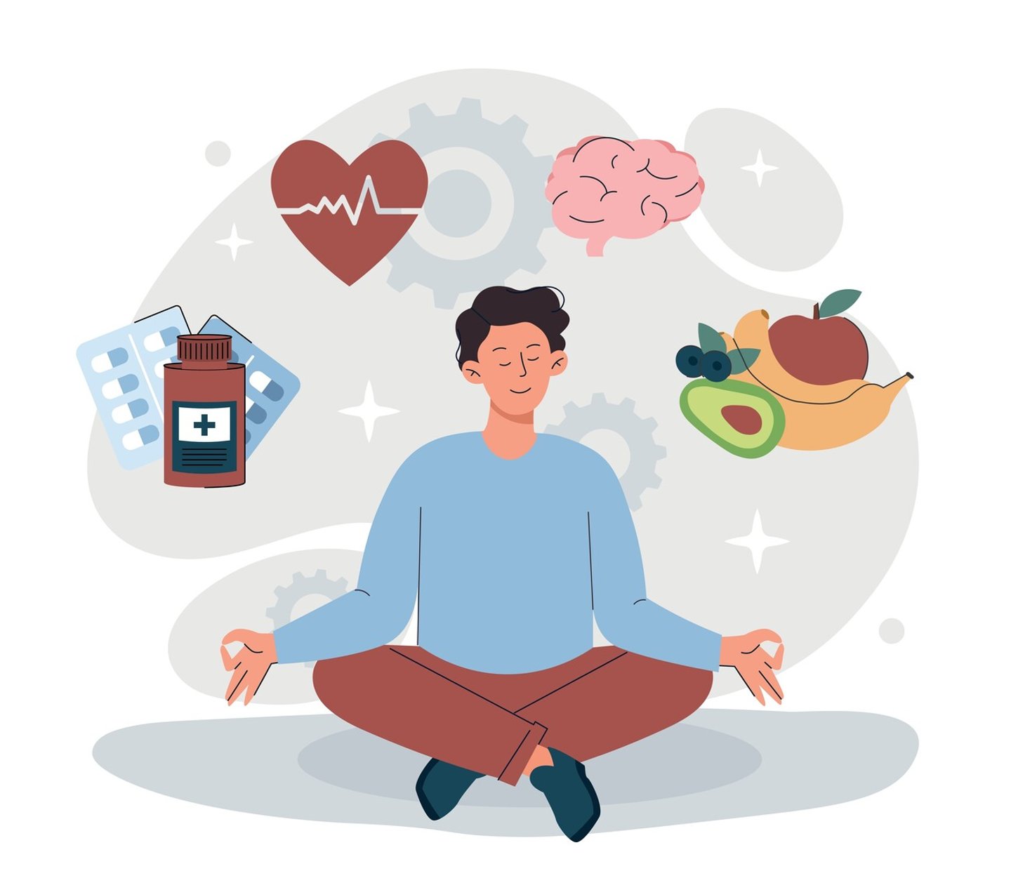 Healthy lifestyle concept. Man sits in lotus position surrounded by icons of medicines, diet. Health care, active lifestyle and sport. Poster or banner for website. Cartoon flat vector illustration; Shutterstock ID 2196417657